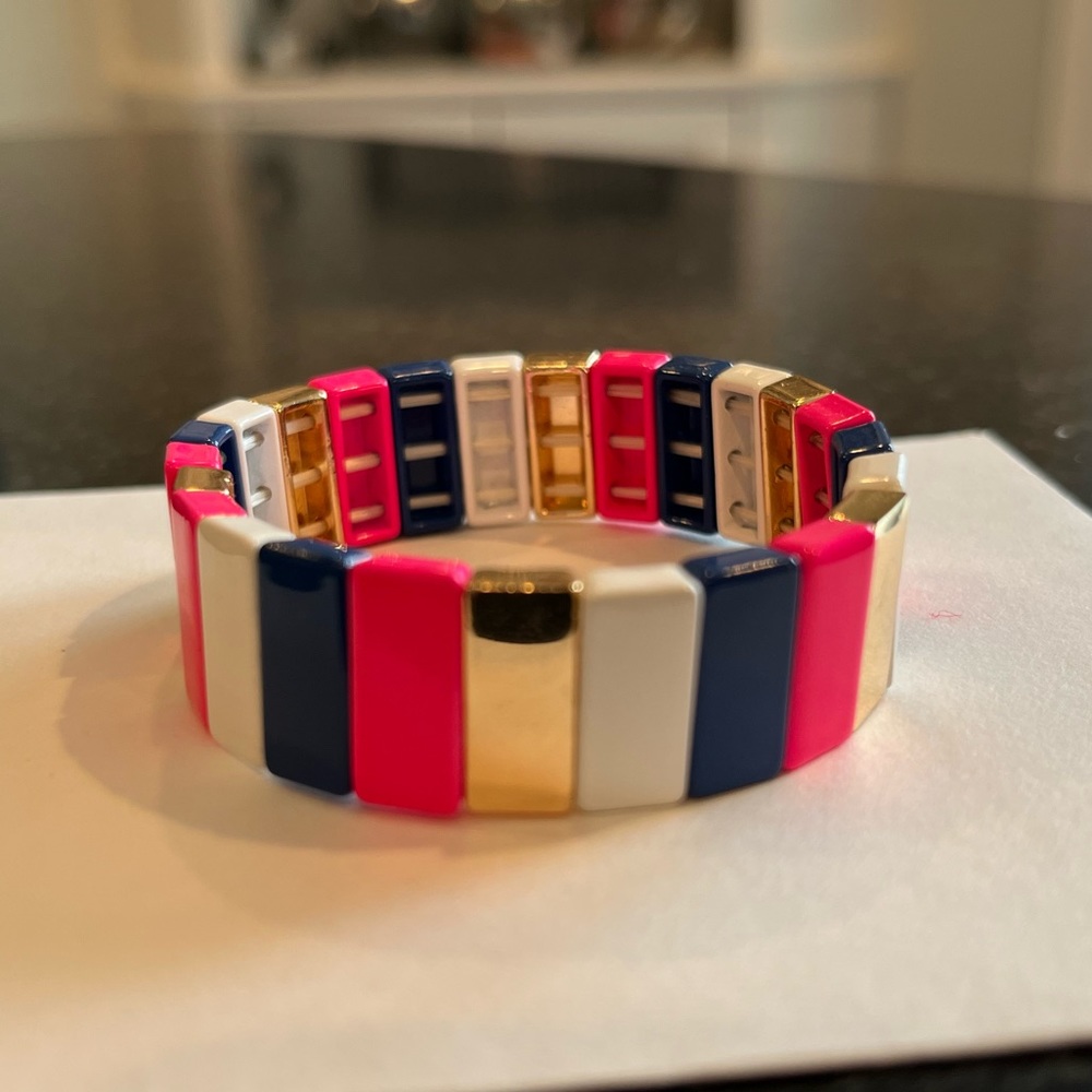 NWOT CL Jewelry Stretch Bracelet in Navy, Neon Pink, and White Enamel Tiles